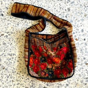 Large Vintage Tibetan Cloth Flower Handmade Embroidered Long Cross Body Boho Bag